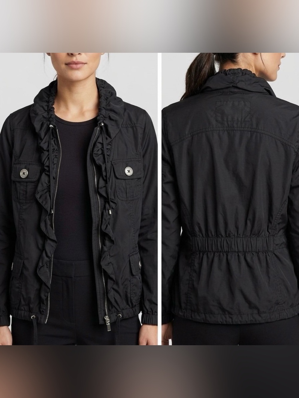 White House Black Market Black Ruffled Light Utility Jacket - Size 0 (Like New)